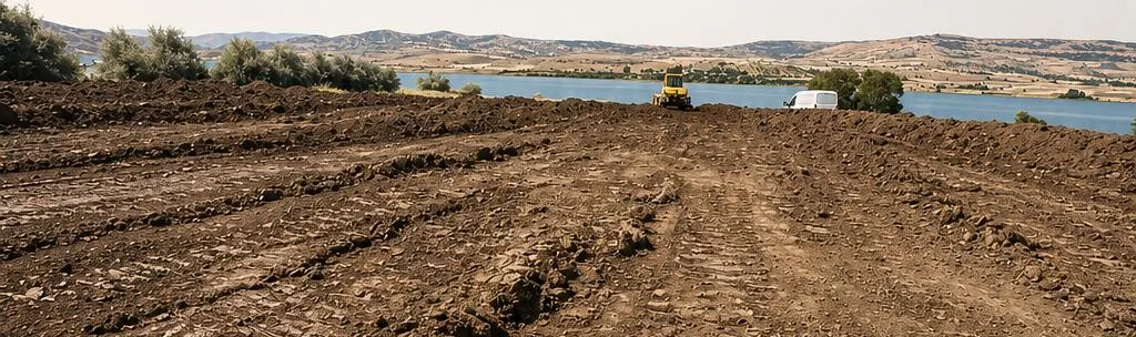 Sera projesi için tesviye edilen arazi, arkada baraj gölü